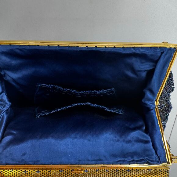 Vtg 50s Seed Bead Handbag Purse Scalloped Edge Iridescent Navy Gold Hong Kong - Picture 4 of 7